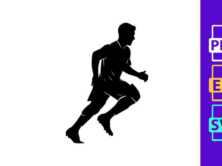 A silhouette of a man running in athletic wear on a white background