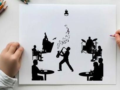 Jazz club scene with musician silhouette performance