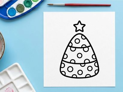 Ícone de árvore de Natal em linha. Símbolo minimalista de pinheiro festivo com estrela e enfeites.