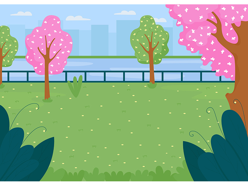 Spring city park field flat color vector illustration