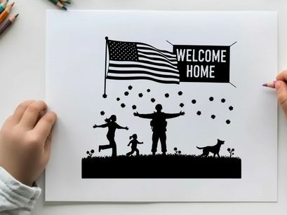 Welcome home patriotic family silhouette with american flag