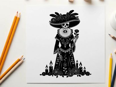 Silhouette of a female skull in a large hat with candles