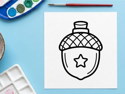 Acorn icon with star symbol. Simple black and white line art vector illustration.