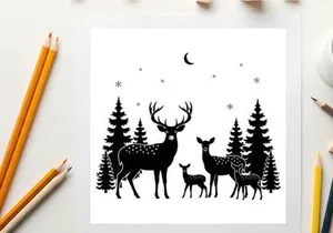 Deer family silhouette under starry night sky with trees