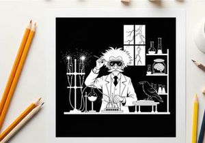 Silhouette of a mad scientist in his laboratory with a crow