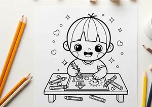 Cute child drawing with crayons vector illustration flat design