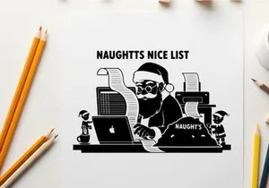 Santa claus checking naughty list on computer silhouette style image