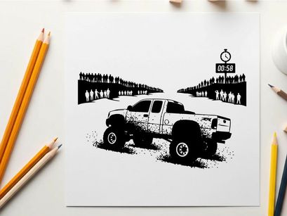 Silhouette of a lifted truck with people in the background silhouette