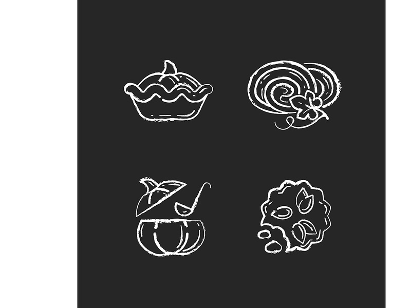 Autumn dishes recipes chalk white icons set on black background