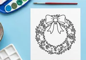 Ilustración de arte lineal de corona navideña con moño decorativo para proyectos de diseño festivo.