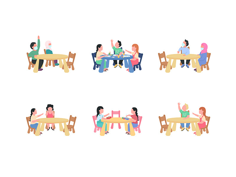 Kindergarten children sitting at table flat color vector faceless characters set
