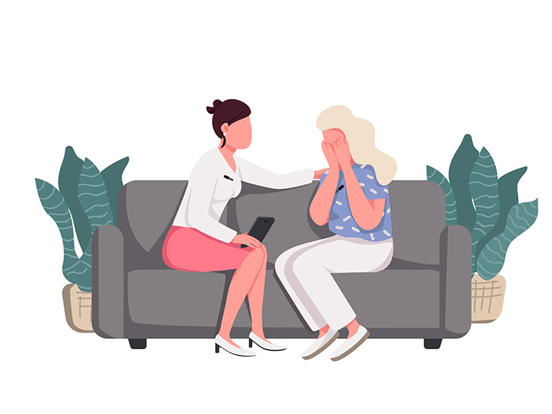 Women sitting on couch flat color vector faceless characters