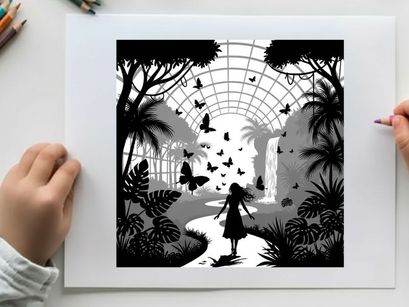 Silhouette of a girl in a greenhouse with butterflies and plants