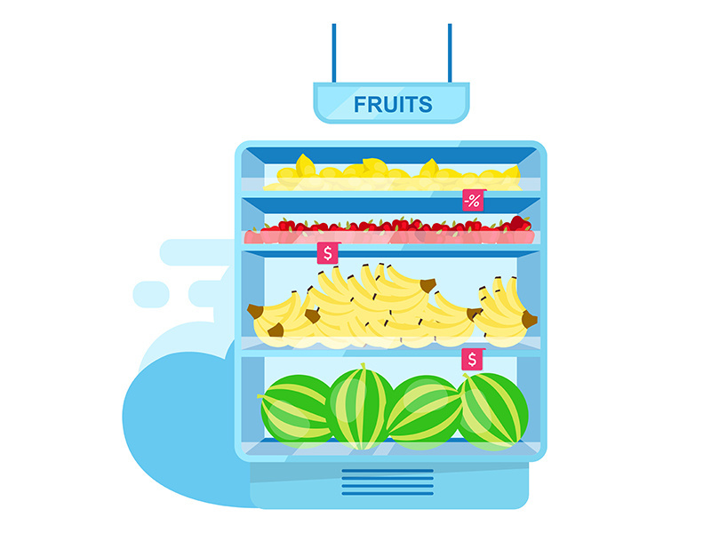 Shelf with fruits in store flat vector illustration
