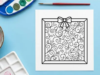 Quadratisches Weihnachtsgeschenkbox-Symbol mit Wirbelmuster und Schleifenband-Linienillustration