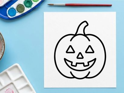 Hand-drawn Halloween jack-o-lantern smiling face illustration. Classic pumpkin with carved eyes and mouth for festive decorations.