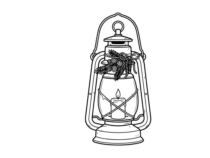 Christmas lantern line art illustration with pine branches and candle for holiday decor