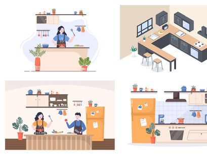 16 Kitchen Room with Furniture Background Vector Illustration