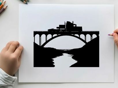 Truck crossing bridge silhouette against white background