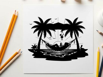 Relaxing silhouette of a person in a hammock between palm trees