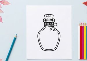 Empty glass potion bottle with cork. Hand drawn doodle of a small vintage apothecary vial.