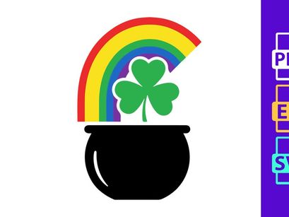 Lucky pot of gold with rainbow and shamrocks in black cauldron
