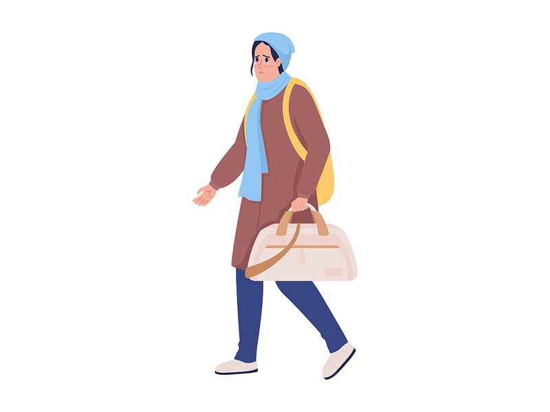 Female refugee with bag running away from war flat color vector character