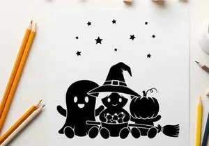 Halloween silhouette of ghost witch cat and jack o lantern on a train
