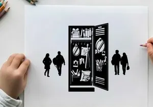 Silhouette of people walking past an open refrigerator silhouette