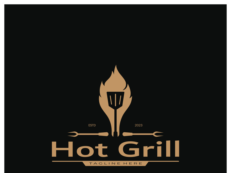 Simple Barbecue Vintage hot grill, with crossed flames and spatula. Logo for restaurant, badge, cafe and bar.vector