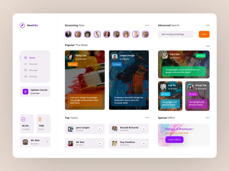 Dashboard design for an Education web app