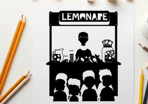 Silhouette of kids buying lemonade from a vendor stand