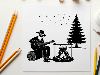Silhouette of man playing guitar by campfire at night