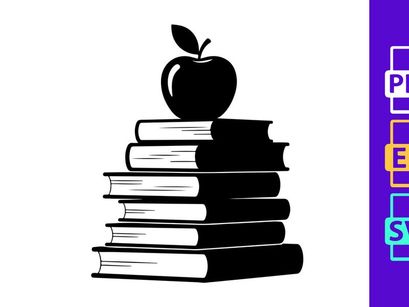 Classic Stack of Books with Apple Symbolizing Education, Knowledge, and Learning. Simple Black and White Vector Illustration for Academic Concepts.