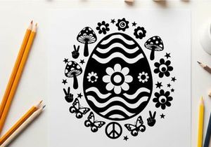 Black and white silhouette easter egg surrounded by flowers and symbols