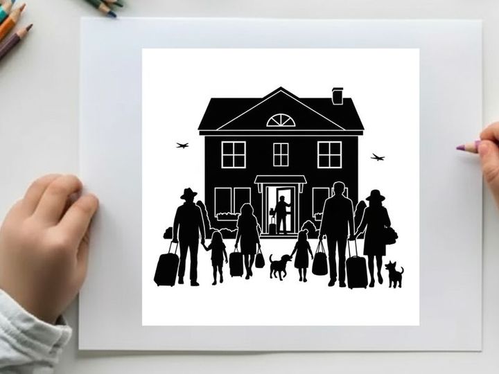 Family in silhouette standing outside a house with luggage