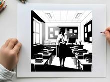 Silhouette of a woman standing in a classroom with desks and a computer