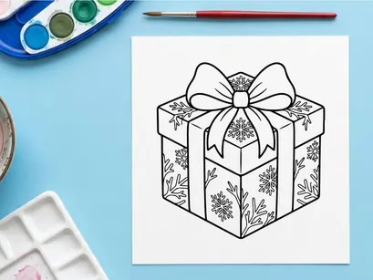 Caixa de presente de Natal com padrão de floco de neve e laço, ilustração em arte de linha preto e branco.