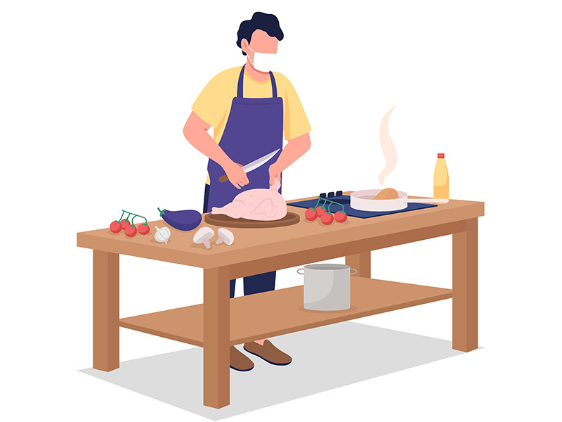 Male cook in face mask flat color vector faceless character