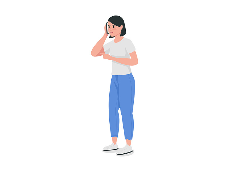 Angry woman on phone call semi flat color vector character