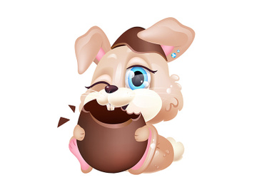 Cute bunny eating chocolate egg kawaii cartoon vector character preview picture