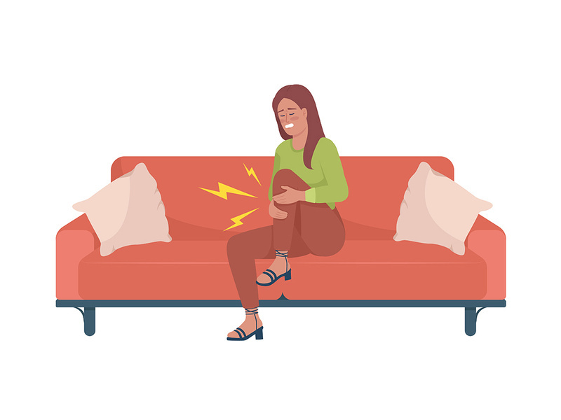 Woman with injured knee semi flat color vector character