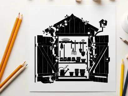 Silhouette of a gardening shed with tools and flowers