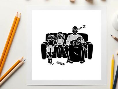 Silhouette of a man sleeping on a couch with two children