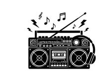 Black silhouette of a boombox with music notes and headphones