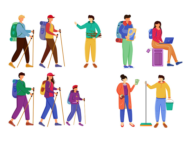 Budget tourism flat vector illustrations set