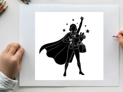 Silhouette of a female superhero with stars and cape