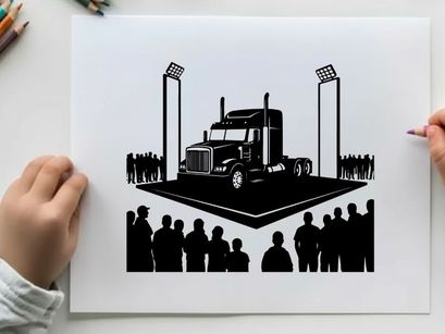 Silhouette of a large truck on display with crowd and stadium lights silhouette