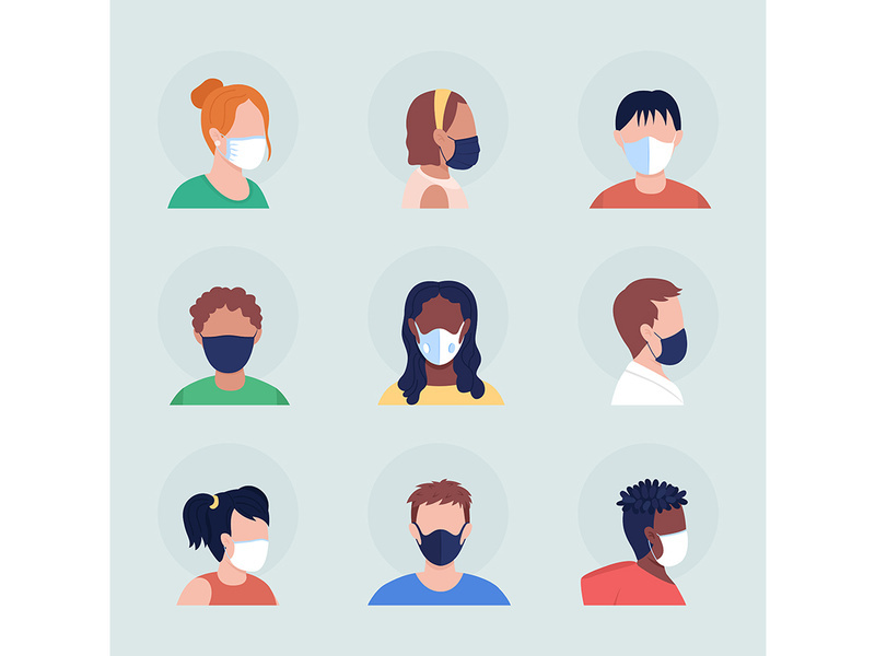 Face covering flat color vector character avatar with mask set