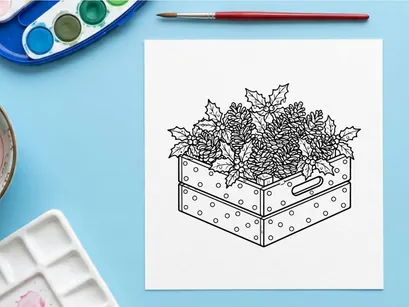 Christmas wooden crate with pine cones and holly leaves line art illustration